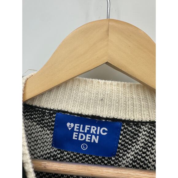 Elfric Eden Mens Black Cream Knit Crewneck Sweater Size L Graphic Artsy 3D Retro - Picture 6 of 8